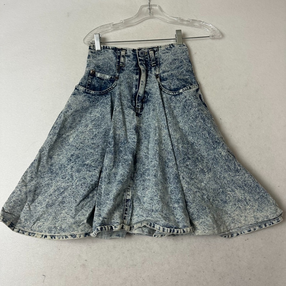Vintage American Legends Acid Wash Denim Skirt High Waist Flared Blue Size 5 USA